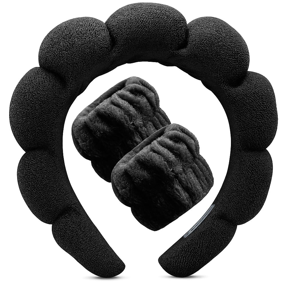 Black Spa Headband and Wristband Set – 3pc Face Wash Kit for Skincare & Makeup – Puffy Terry Cloth Hairband for Women, Girls – Cute Self-Care Gift Idea